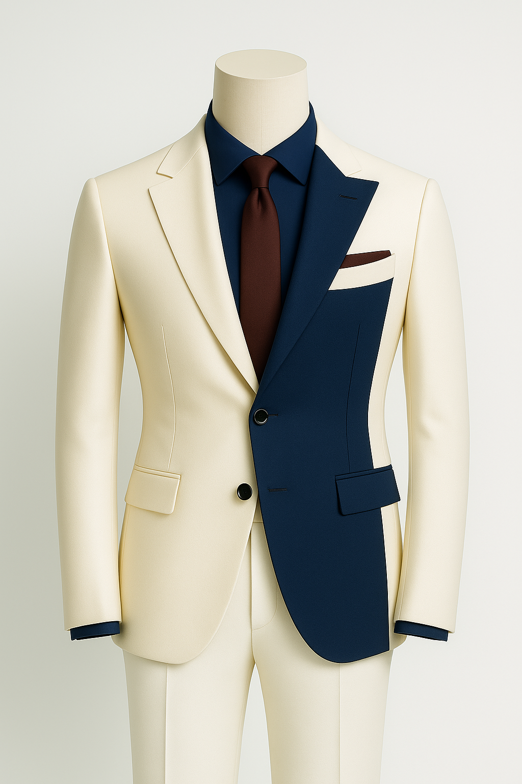 Navy Contrast Panel Modern Suit – Cream & Blue, Contemporary Tailored Fit