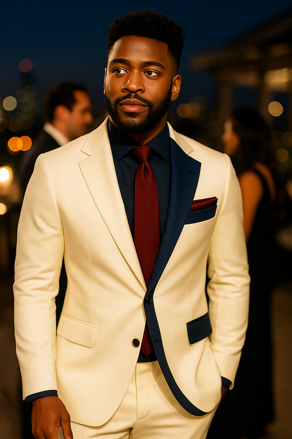 Navy Accent Cream Modern Suit – Sharp Contrast Lapel Edition