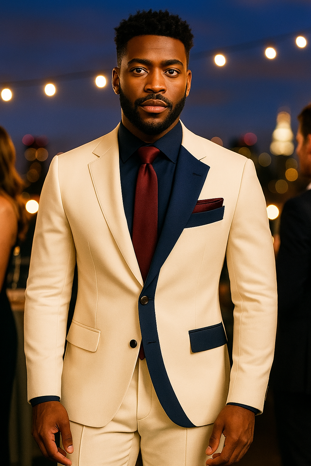 Navy Accent Cream Modern Suit – Sharp Contrast Lapel Edition
