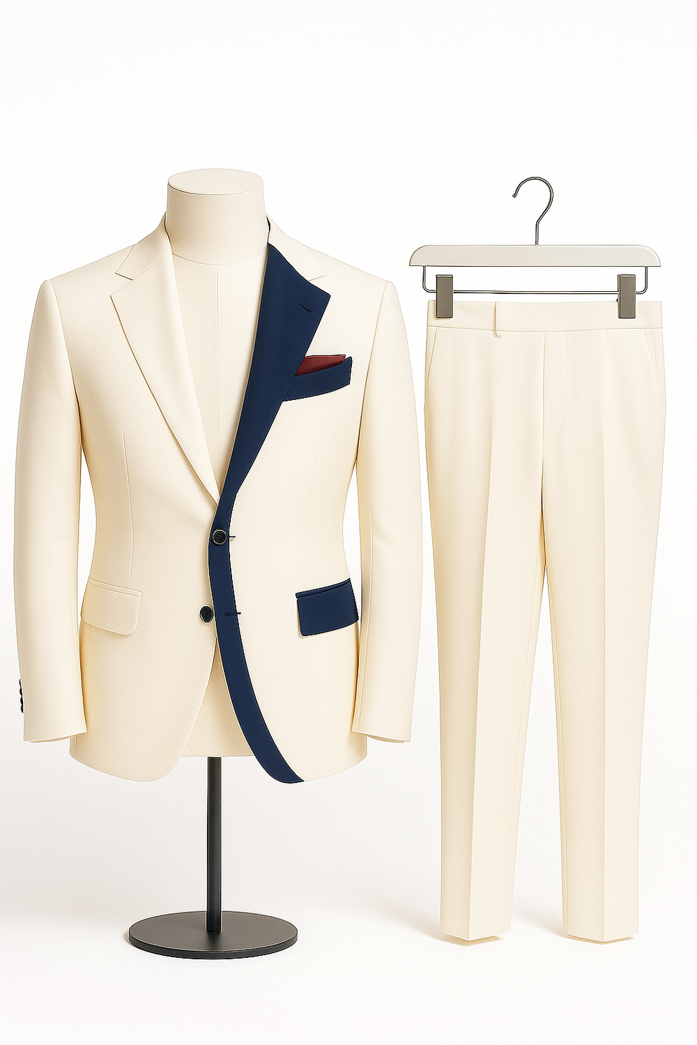 Navy Accent Cream Modern Suit – Sharp Contrast Lapel Edition