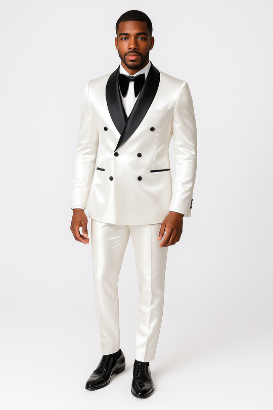 Luxury White Satin Double Breasted Suit - Custom Made