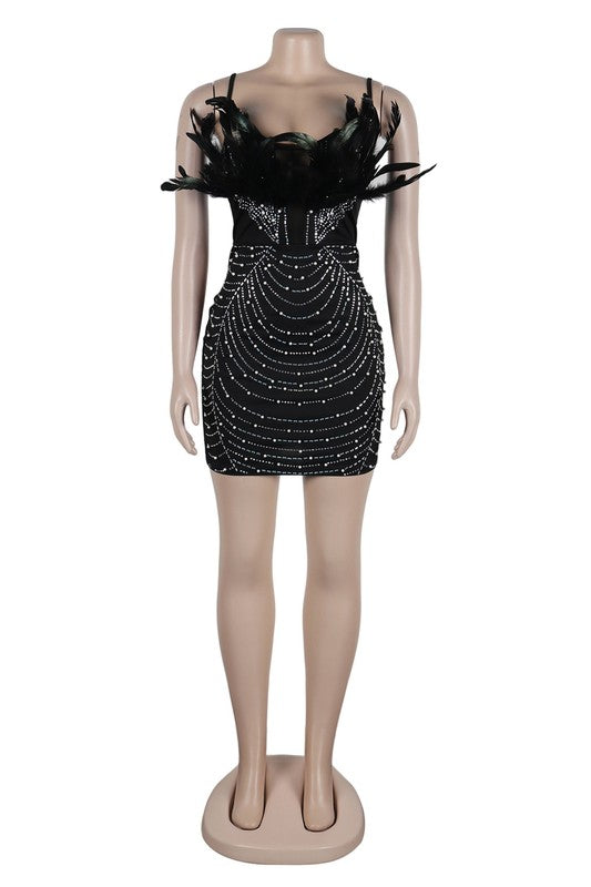 WOMEN FASHION PARTY NIGHT CLUB DRESS BLACK FEATHER STONES