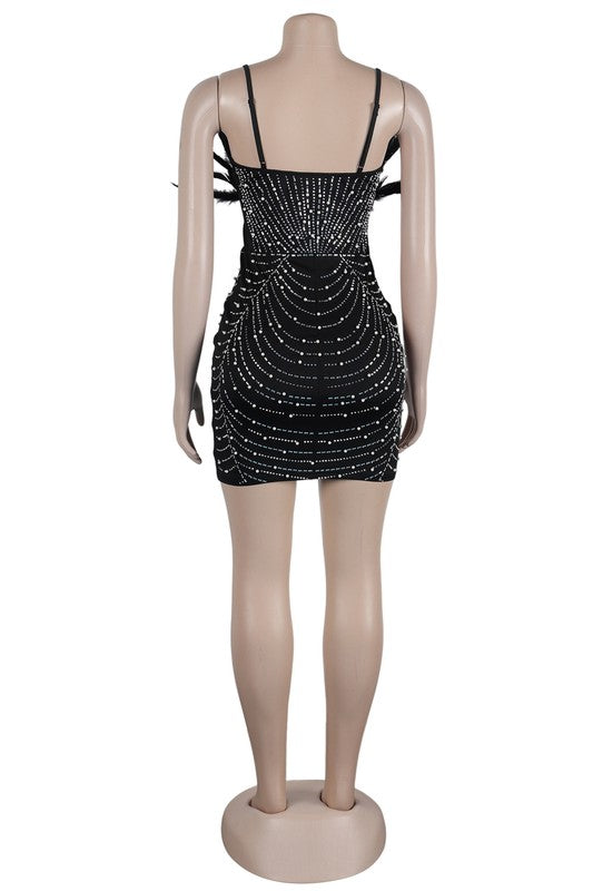 WOMEN FASHION PARTY NIGHT CLUB DRESS BLACK FEATHER STONES