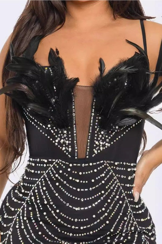 WOMEN FASHION PARTY NIGHT CLUB DRESS BLACK FEATHER STONES