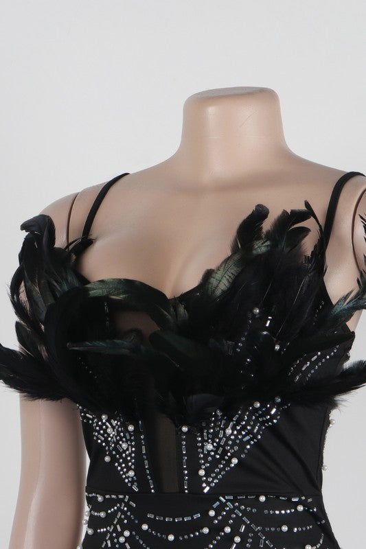 WOMEN FASHION PARTY NIGHT CLUB DRESS BLACK FEATHER STONES