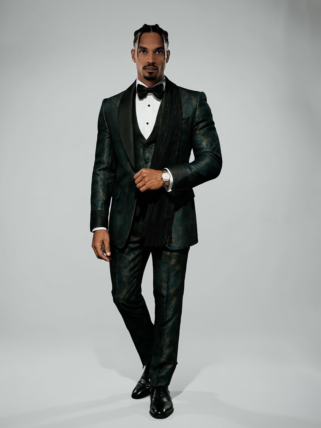 Men's Luxury Beaded Crystal Lapel Navy Blue Jacquard Blazer Formal 2 Piece Suit