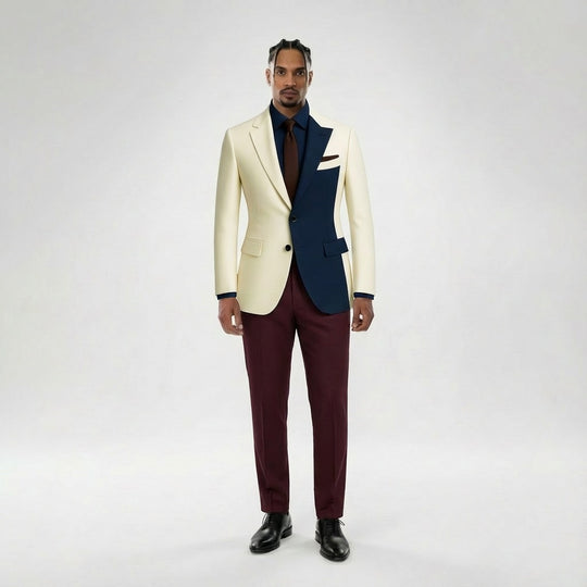 Navy Contrast Panel Modern Suit – Cream & Blue, Contemporary Tailored Fit