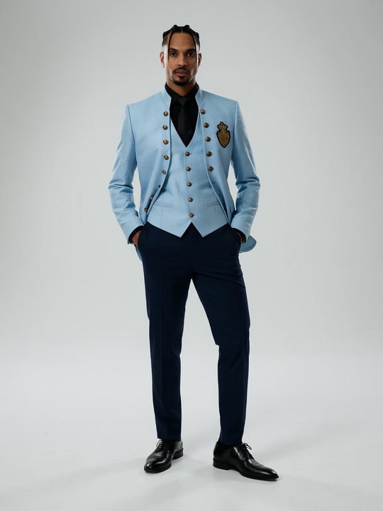 Men's Luxury Brocade Embroidered 3-Piece Suit with Gold Crest - Custom Tailored Multi-Color Options