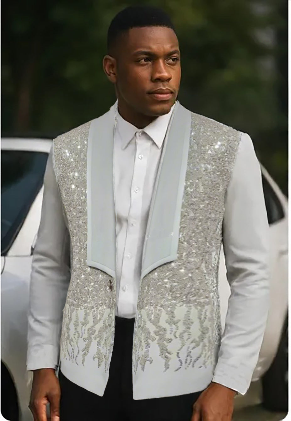 Men's Luxury White Crystal Beaded Formal 2 Piece Tuxedo Suit White / M Men's Luxury White Crystal Beaded Formal 2 Piece Tuxedo Suit White / M