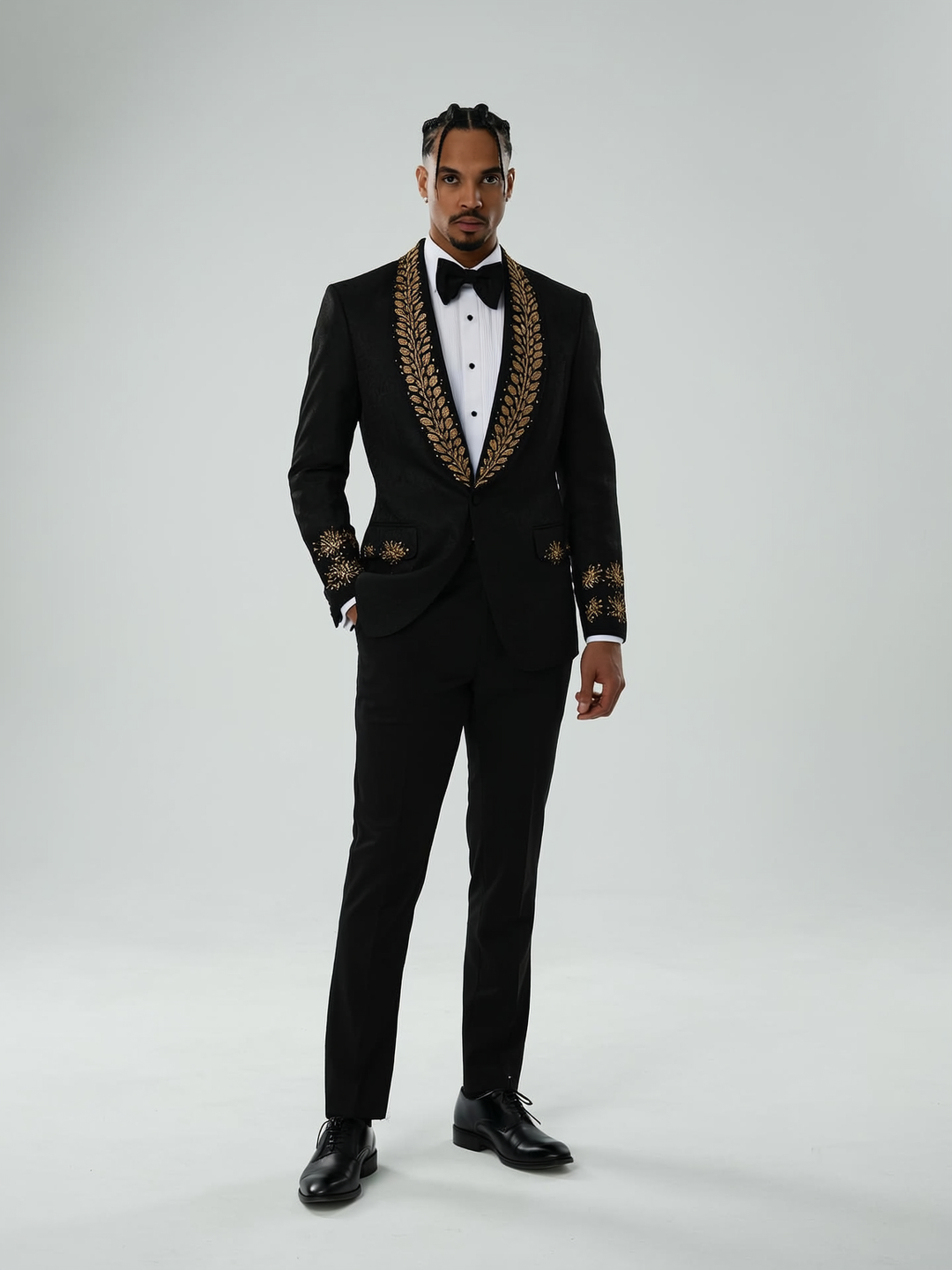 Men's Jacquard Black Shawl Handmade Gold Gemstone Beaded Lapel 2 Piece Tailored Suit