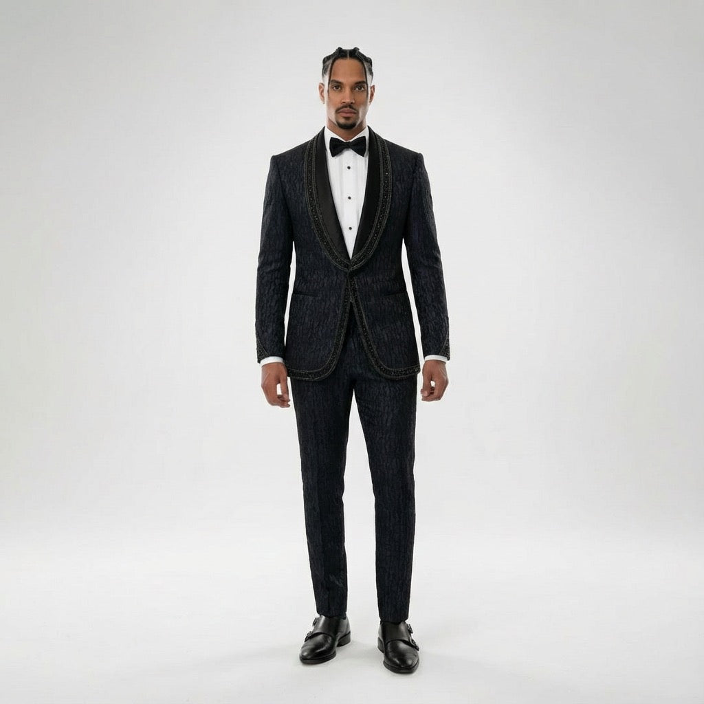 Men's Classic Black Luxury Design Crystal Beaded One Button Tailor-Made Two-Piece Suit Black / 4XL