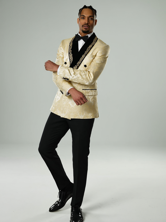 Men's Formal Champagne Jacquard Lace Edge Blazer w/ Embellished Lapel 2 Piece Suit