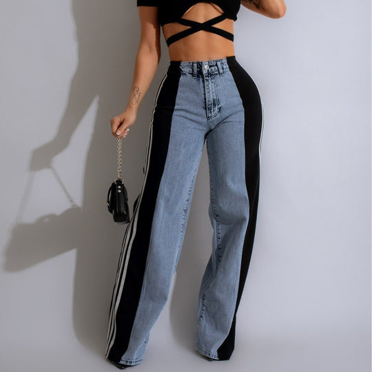 Trendy High Waist Patchwork Denim Striped Wide Leg Pants - Casual Streetwear