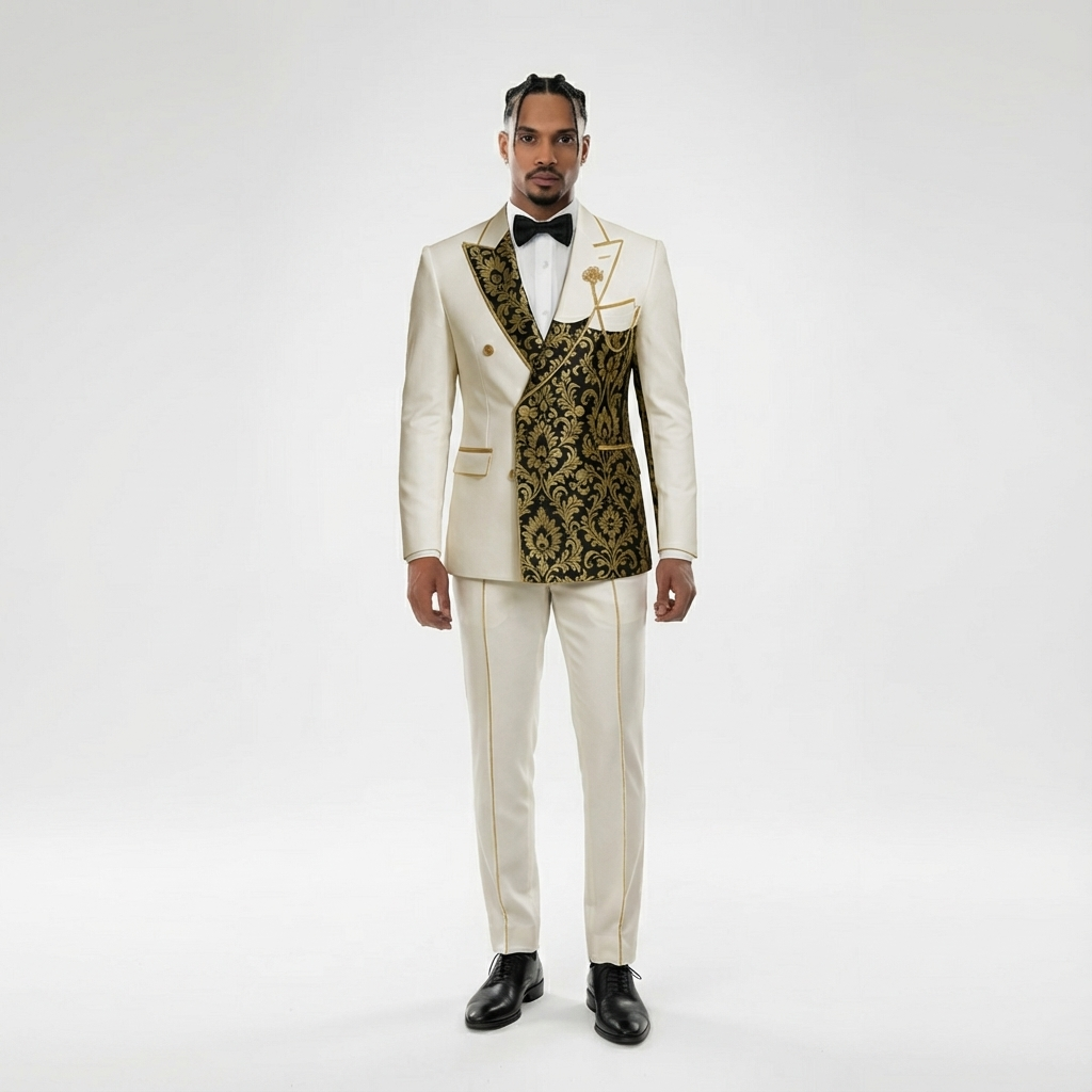 Modern Classic Ivory Split Lapel Jacquard Double-Breasted Tuxedo Ivory / 5XL