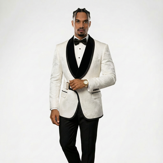 Luxury White & Black Jacquard Tuxedo Blazer w/ Side Buckle