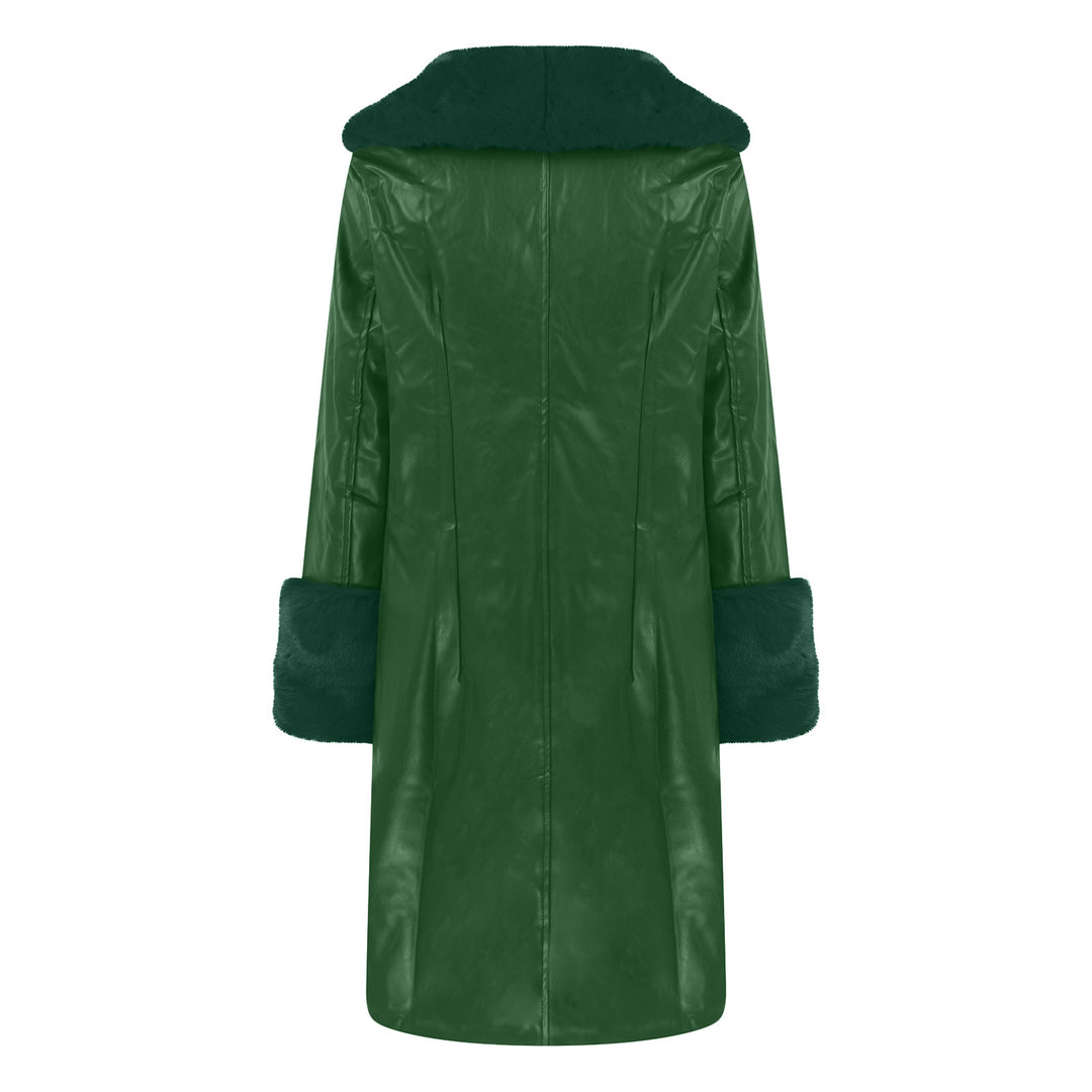Sleek and Sassy PU Fur-Trimmed Lapel Long Coat