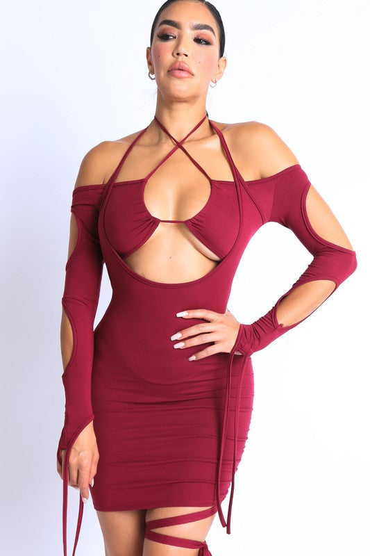 Paulina Cut Out String Detailed Off Shoulder Halter Mini - Burgundy - ENE TRENDS -custom designed-personalized- tailored-suits-near me-shirt-clothes-dress-amazon-top-luxury-fashion-men-women-kids-streetwear-IG-best