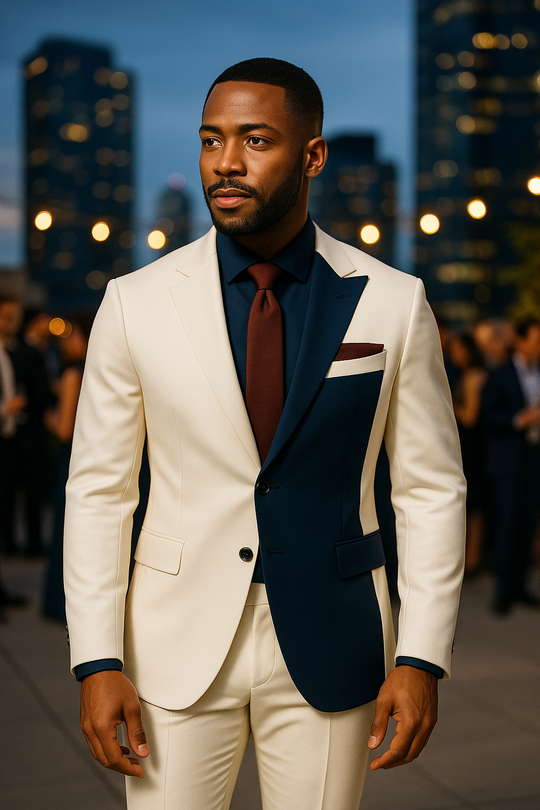Navy Contrast Panel Modern Suit – Cream & Blue, Contemporary Tailored Fit