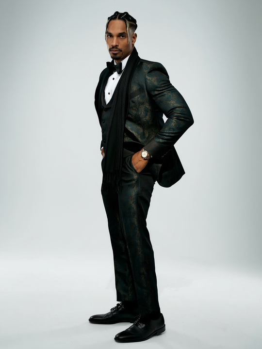 Men's Luxury Beaded Crystal Lapel Navy Blue Jacquard Blazer Formal 2 Piece Suit