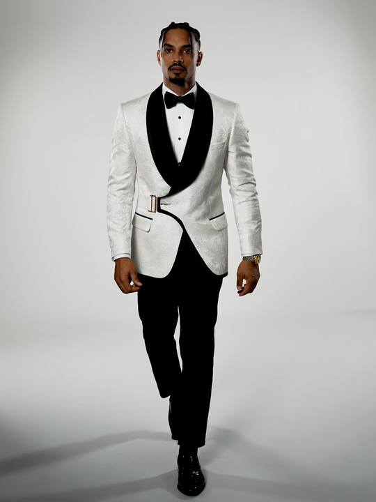 Luxury White & Black Jacquard Tuxedo Blazer w/ Side Buckle