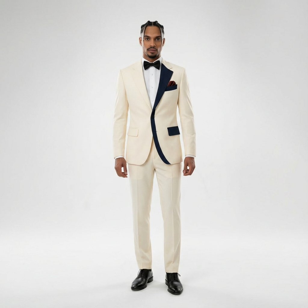 Navy Accent Cream Modern Suit – Sharp Contrast Lapel Edition
