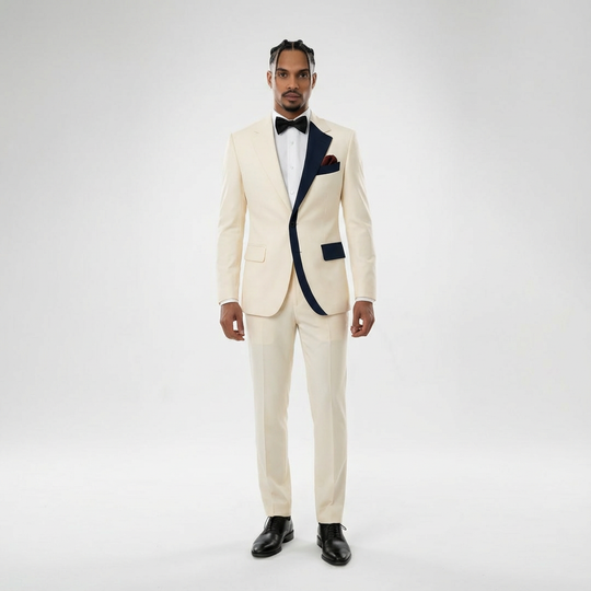 Navy Accent Cream Modern Suit – Sharp Contrast Lapel Edition