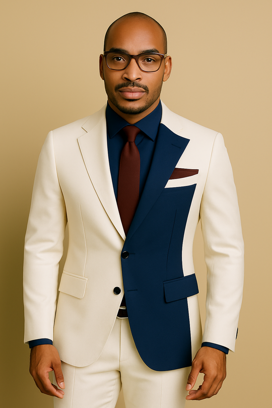 Navy Contrast Panel Modern Suit – Cream & Blue, Contemporary Tailored Fit