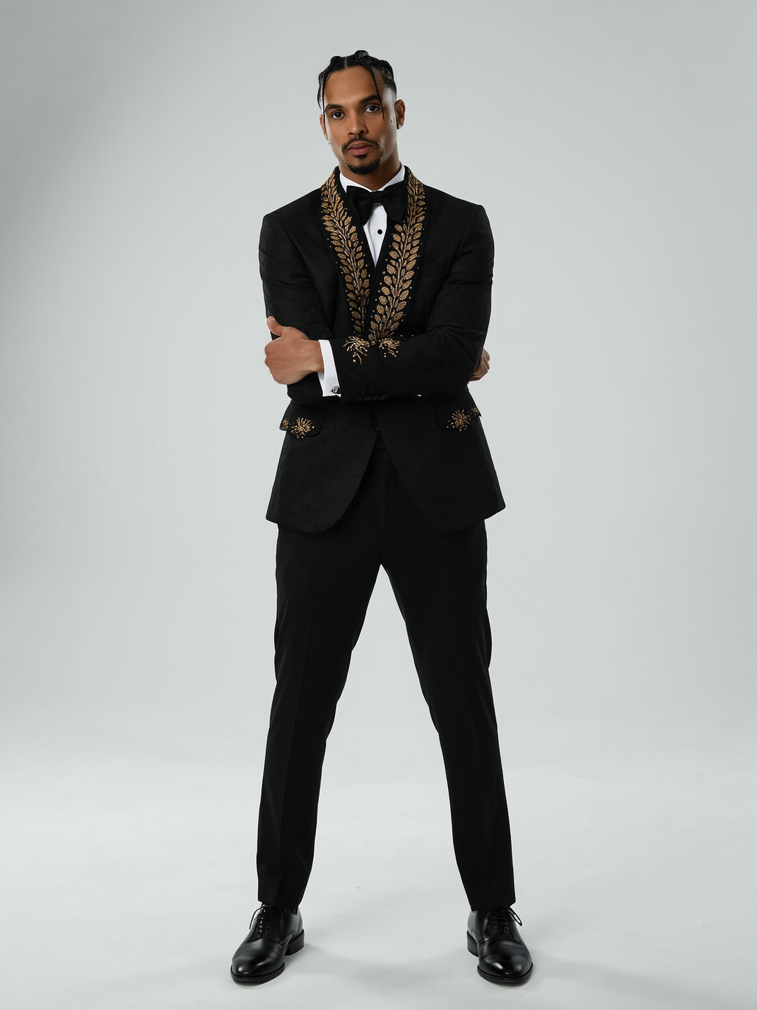 Men's Jacquard Black Shawl Handmade Gold Gemstone Beaded Lapel 2 Piece Tailored Suit