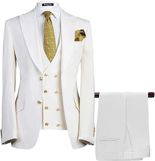 Ivory - white-Gold buttons-Finnegan Single-Breasted 3 Piece Slim Fit Lapel Suit (Blazer+Pants+Vest)-ENE-Trends