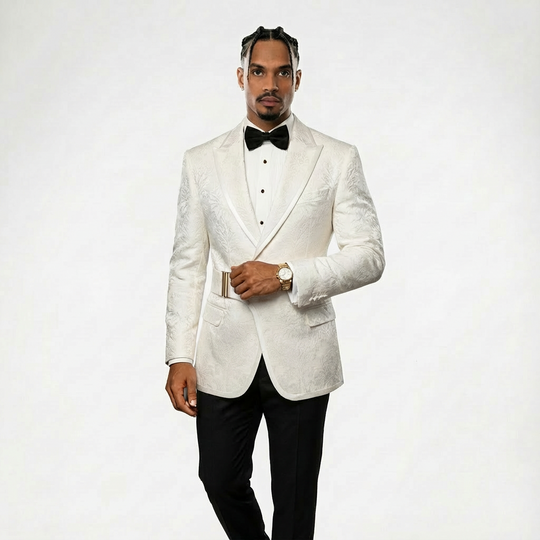 Luxury White Jacquard Tuxedo Blazer w/ Side Buckle