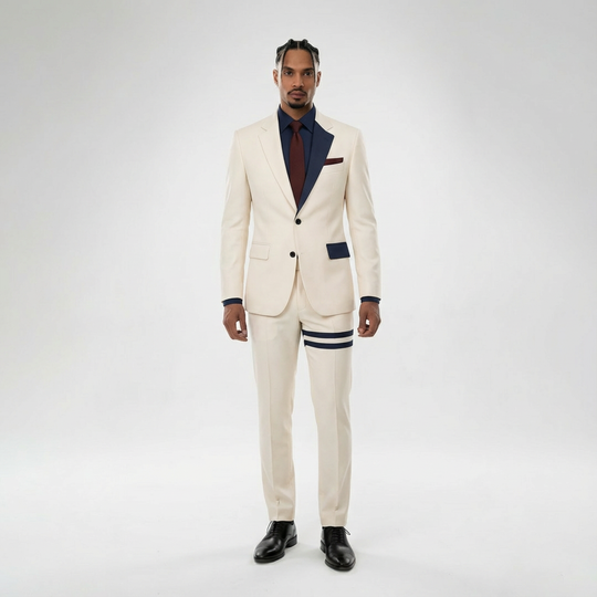Navy Accent Modern Classic Suit – Cream Two-Tone Suit with Double Knee Stripes