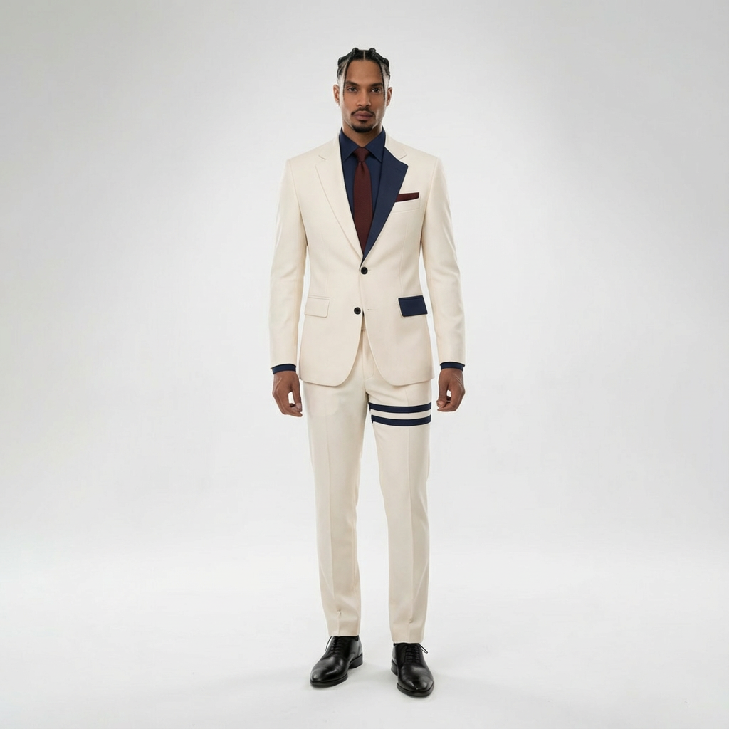 Navy Accent Modern Classic Suit – Cream Two-Tone Suit with Double Knee Stripes