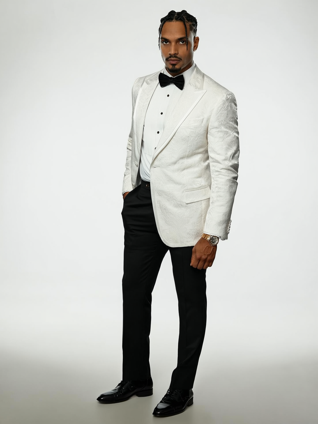 Luxury White Jacquard Tuxedo Blazer w/ Side Buckle