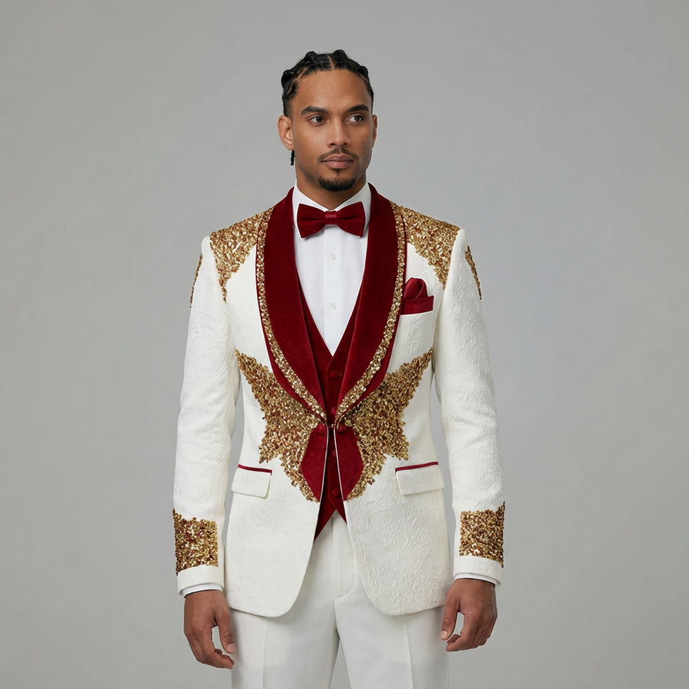 Men's Luxury White Jacquard Tuxedo w/ Red Lapel and Red Diamond Beading 2 Piece Blazer Pants - Custom Made