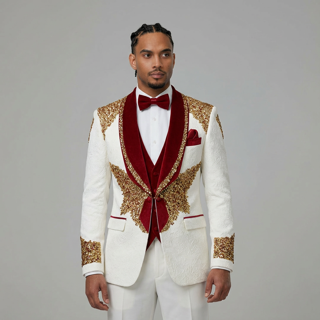 Men's Luxury White Jacquard Tuxedo w/ Red Lapel and Red Diamond Beading 2 Piece Blazer Pants - Custom Made