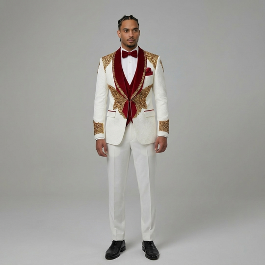 Men's Luxury White Jacquard Tuxedo w/ Red Lapel and Red Diamond Beading 2 Piece Blazer Pants - Custom Made