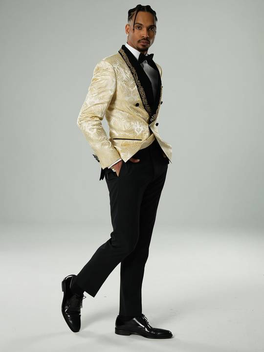 Men's Formal Champagne Jacquard Lace Edge Blazer w/ Embellished Lapel 2 Piece Suit