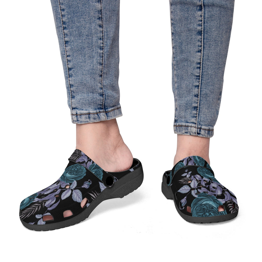 Teal Floral Blue Leaf Black-base Clogs - ENE TRENDS -custom designed-personalized- tailored-suits-near me-shirt-clothes-dress-amazon-top-luxury-fashion-men-women-kids-streetwear-IG-best