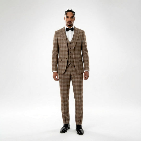 Mens Plaid Beige 3-Piece Suit Custom Tailor Made