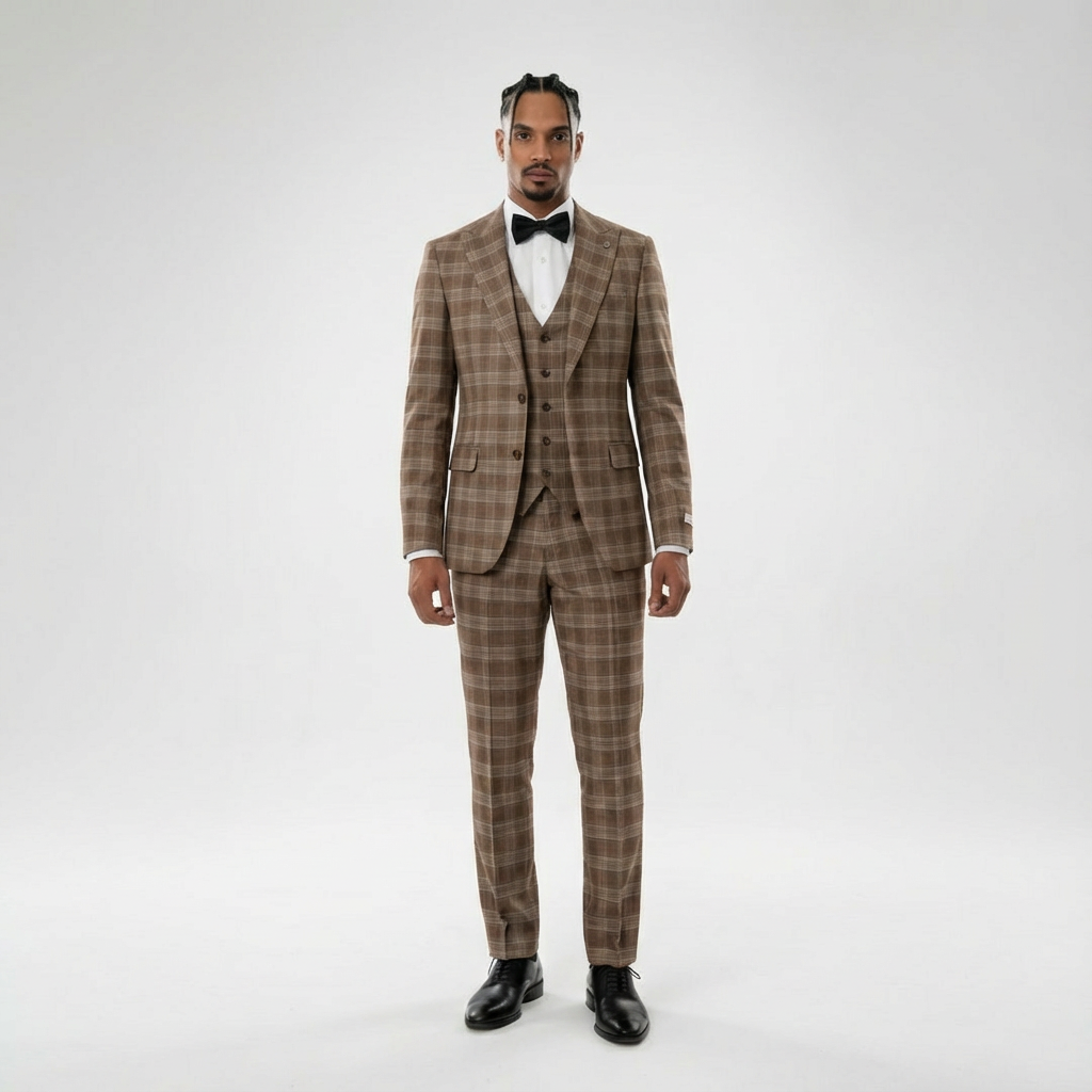 Mens Plaid Beige 3-Piece Suit Custom Tailor Made