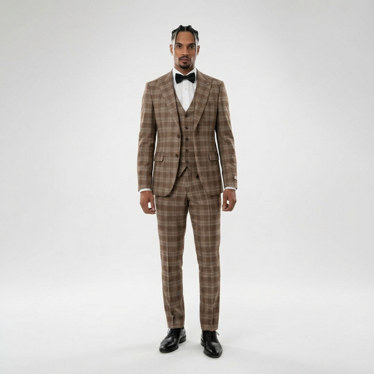 Mens Plaid Beige 3-Piece Suit Custom Tailor Made