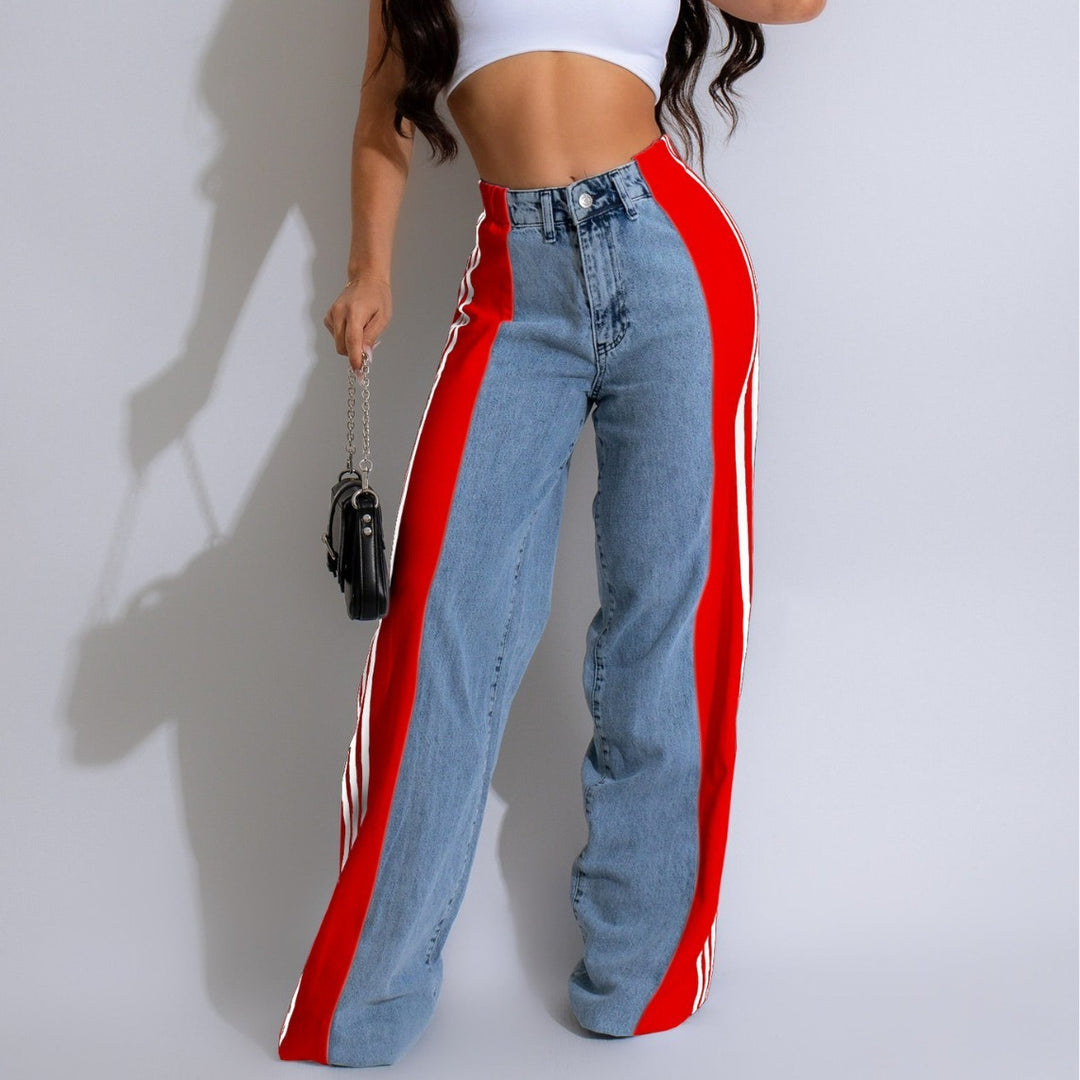 Trendy High Waist Patchwork Denim Striped Wide Leg Pants - Casual Streetwear