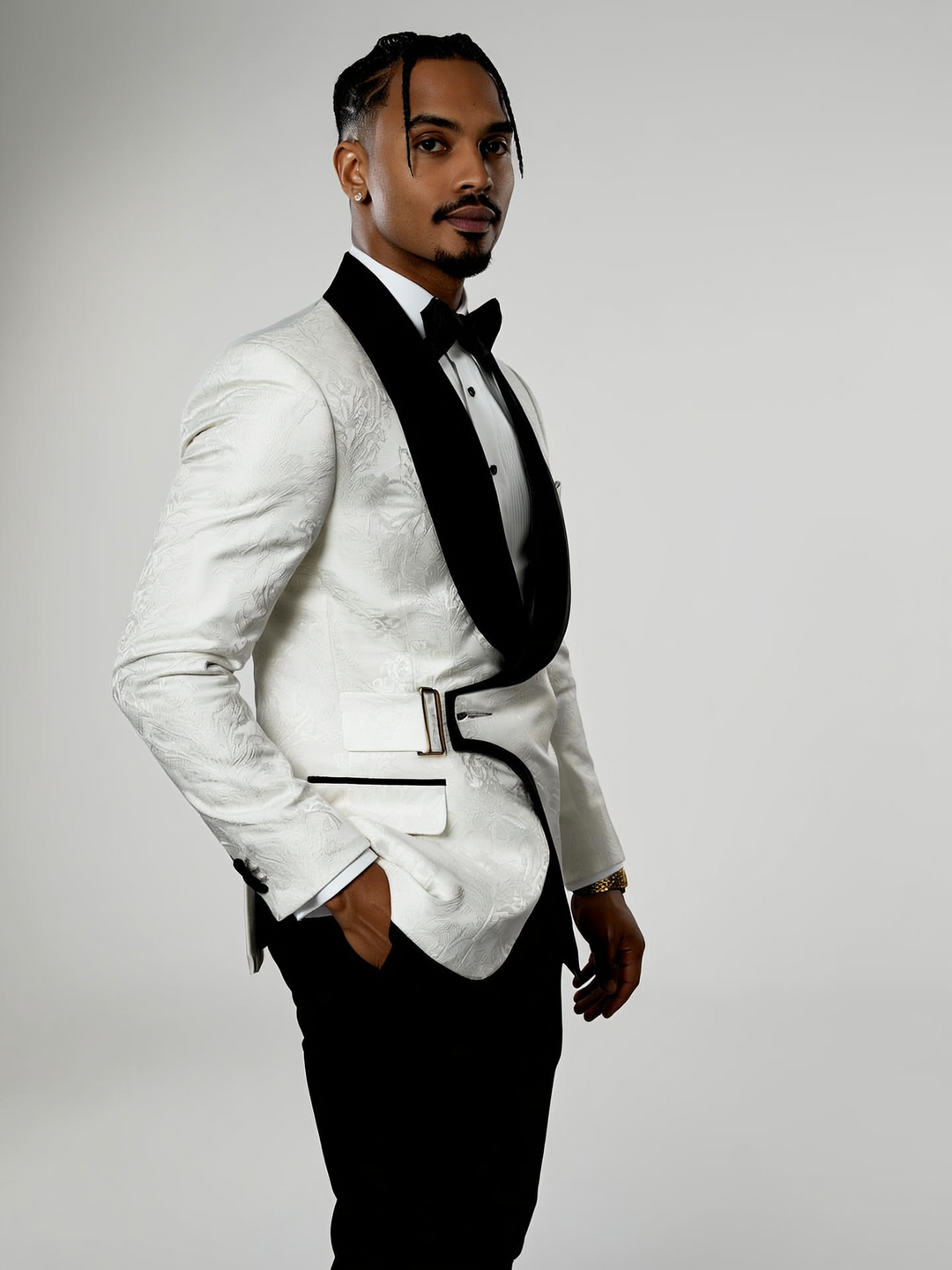 Luxury White & Black Jacquard Tuxedo Blazer w/ Side Buckle