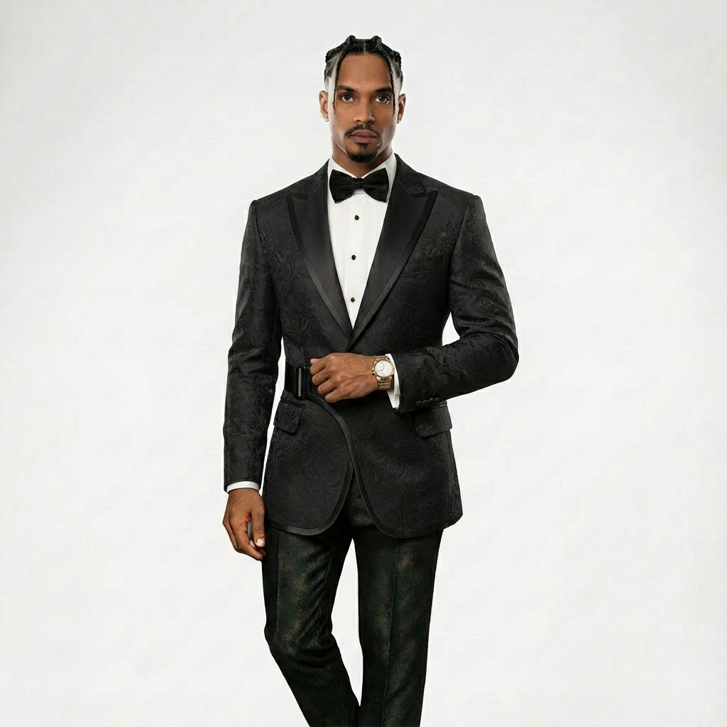 Luxury Black Jacquard Tuxedo Blazer w/ Side Buckle