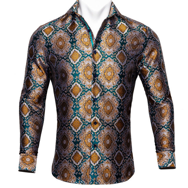 Paisley Floral Long Sleeve Silk Casual Men Shirts Designer Fit Barry Wang 19style / XL Paisley Floral Long Sleeve Silk Casual Men Shirts Designer Fit Barry Wang 19style / XL