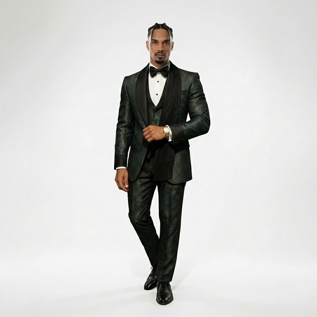 Men's Luxury Beaded Crystal Lapel Navy Blue Jacquard Blazer Formal 2 Piece Suit