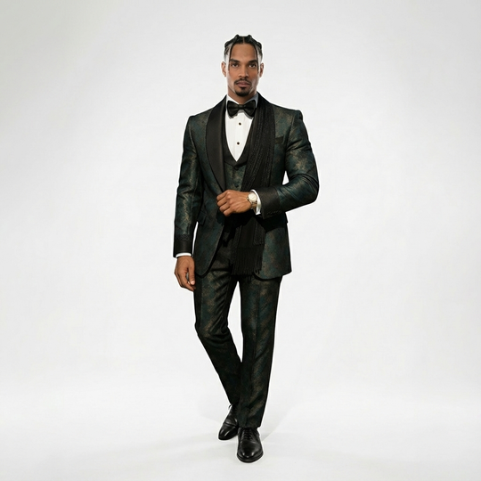 Men's Luxury Beaded Crystal Lapel Navy Blue Jacquard Blazer Formal 2 Piece Suit