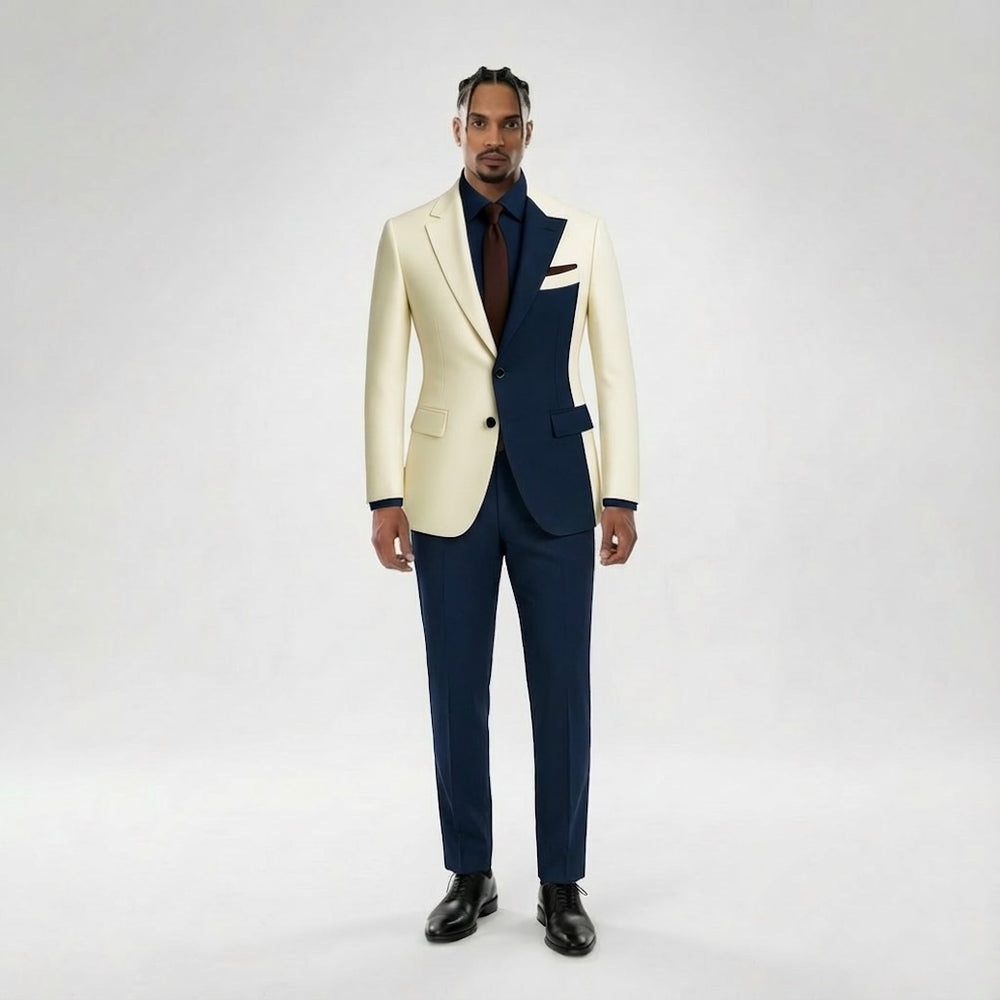 Navy Contrast Panel Modern Suit – Cream & Blue, Contemporary Tailored Fit