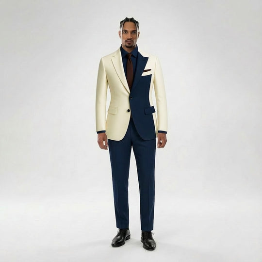 Navy Contrast Panel Modern Suit – Cream & Blue, Contemporary Tailored Fit
