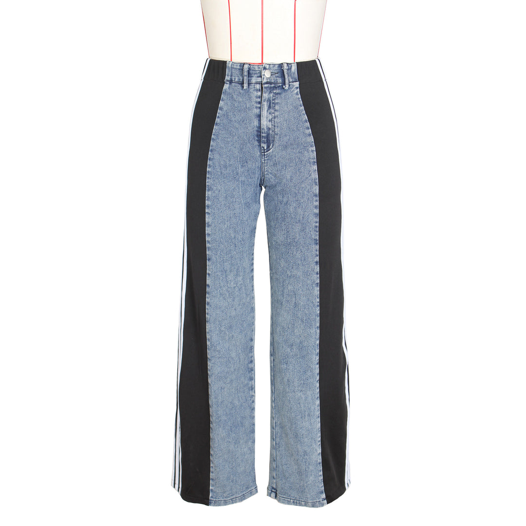 Trendy High Waist Patchwork Denim Striped Wide Leg Pants - Casual Streetwear